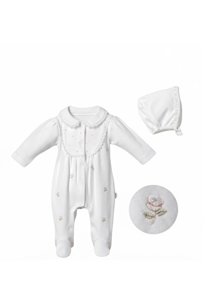 Çiçek Nakışlı Bebek Tulum&Şapka Set– Dantelli Detaylı, 0-3 / 3-6 / 6-9 AY