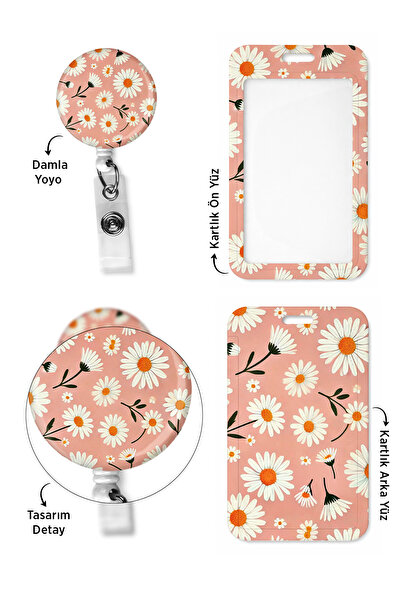 StormiStoretr Pudra Papatya Çekmeli Yoyo ve Baskılı Dikey Yaka Kartı Koruyucu