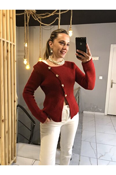 Gözde Tasarım Butik Women's Burgundy Color Boat Neck Cross Cut Gold Buttoned ...