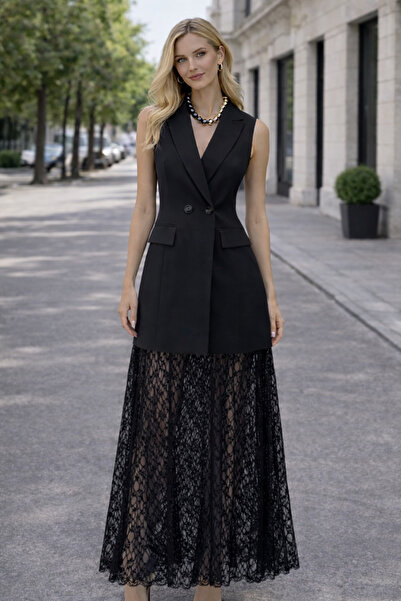 MODA DANTEL ETEKLİ YELEK GÖRÜNÜMLÜ ELBİSE