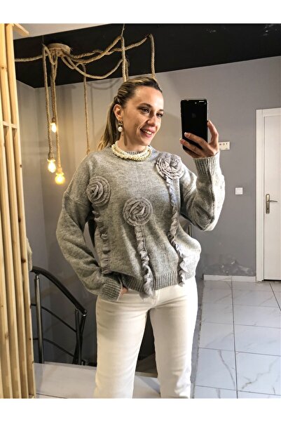 Gözde Tasarım Butik Women's Gray Color Crochet Collar Tricot Sweater with Ros...