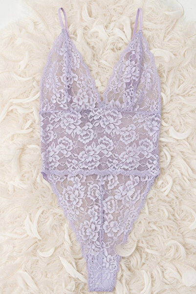 ZENCHES Babydoll transparent din dantelă mov brodată pentru femei