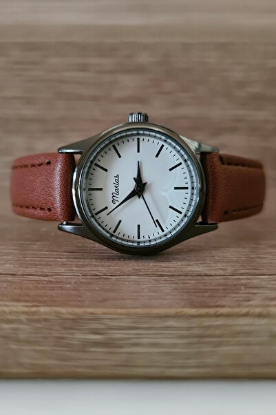 Marlas Siyah Kasa Kahverengi Kordon İçi Beyaz Çizgili Retro Kadın Kol Saati