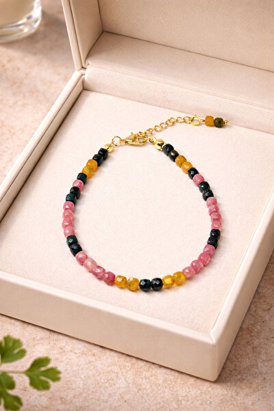 Agatella Tasarım Black Pink Yellow Tourmaline Stone Bracelet – Unisex with Ha...