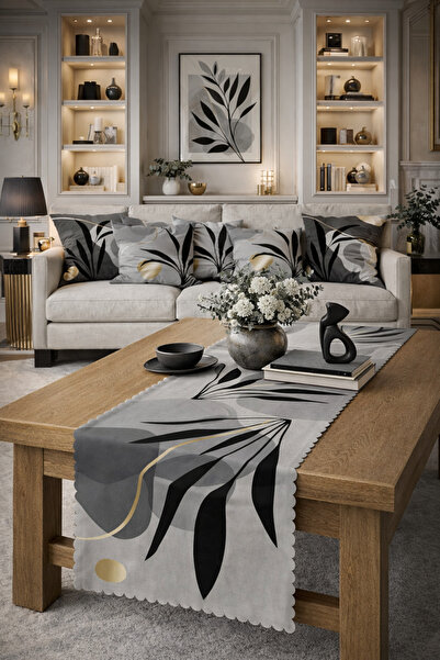 SasoHome Alergăr decorativ imprimat digital cu model de frunze negre pe funda...