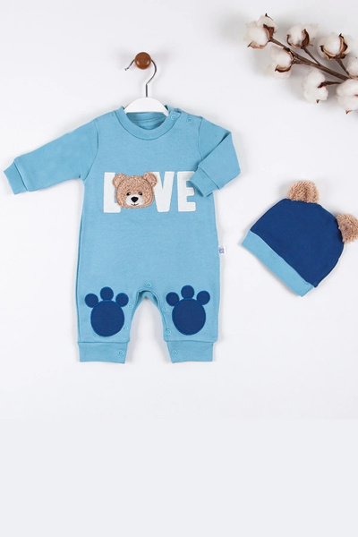 Genel Markalar Love Bear Nakışlı % 100 Pamuk Erkek Bebek Tulumu