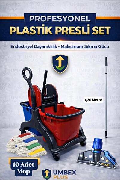 UMBEX PLUS UMBEX Çift Kovalı Plastik Temizlik Arabası Paspas Arabası Islak Mo...