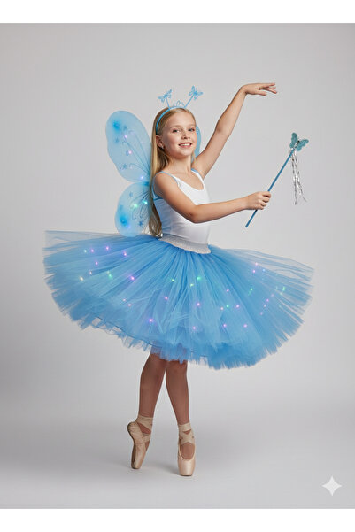 Beryka LED Işıklı Kelebekli Çocuk Kostümü - 4 Parça MAVİ