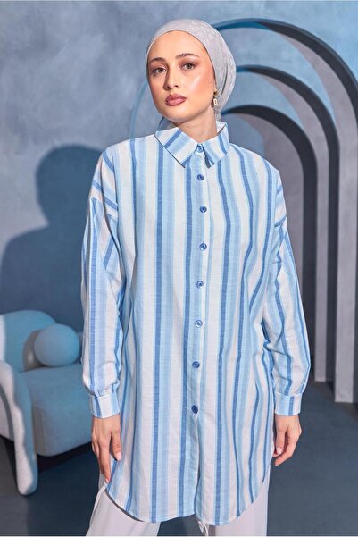 TRENDTESETTÜR KADIN MAVİ ÇİZGİLİ GÖMLEK TUNİK T 8414