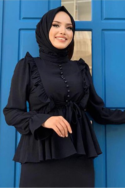 TRENDTESETTÜR KADIN SİYAH FIRFIRLI ETEKLİ TAKIM 6328