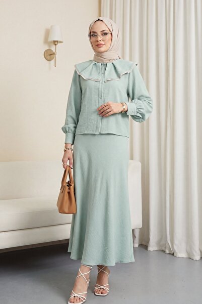 HİJABAYA Set de costum cu guler salată verde cu fustă de in pur și dantelă
