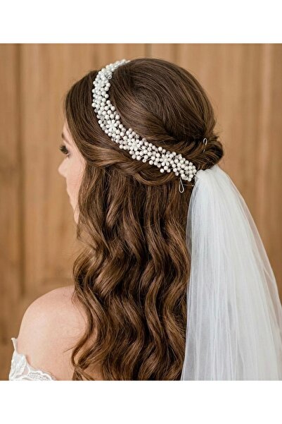 ASİMEL TAÇ & TASARIM İnci Kristal Gelin Tacı 30 Cm Çiçek Detaylı Saç Aksesuarı
