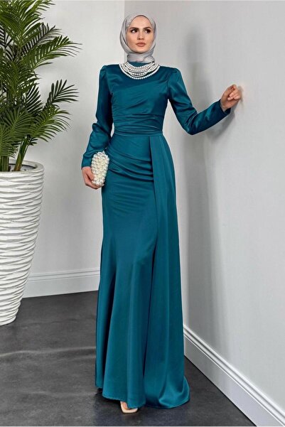 TRENDTESETTÜR KADIN MAVİ (PETROL) İNCİ KOLYELİ ABİYE ELBİSE T 1510