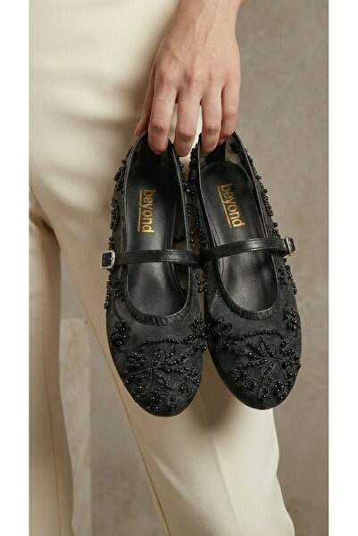 Beyond Women's Black Embroidered and Beaded Detailed Stylish Ballerinas 1cm B...