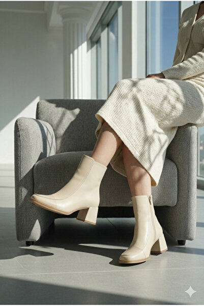 NUDE kadın şık krem rugan cilt bot