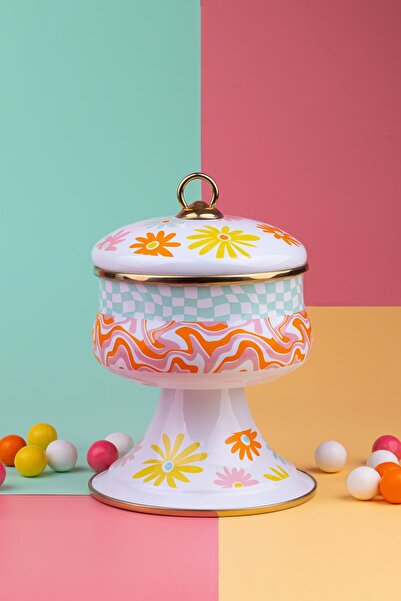 EMAYlab Retro Hippi Dekoratif Emaye Kapaklı Şekerlik, Çikolata Sunumu, Çerezlik