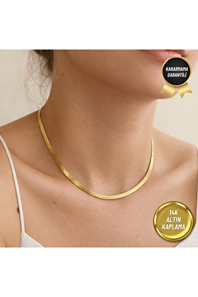 nerora Paslanmaz Çelik Altın Kaplama İtalyan Yılan Zincir Kolye Gold 4mm (KAR...