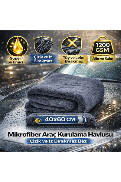 Polham 40x60CM 1200GSM Süper Su Emici Özellikli Mikrofiber Araç Kurulama Havl...