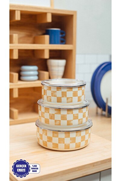 EMAYlab Beige Checkerboard Patterned Enameled Storage Container (Can Be Used ...