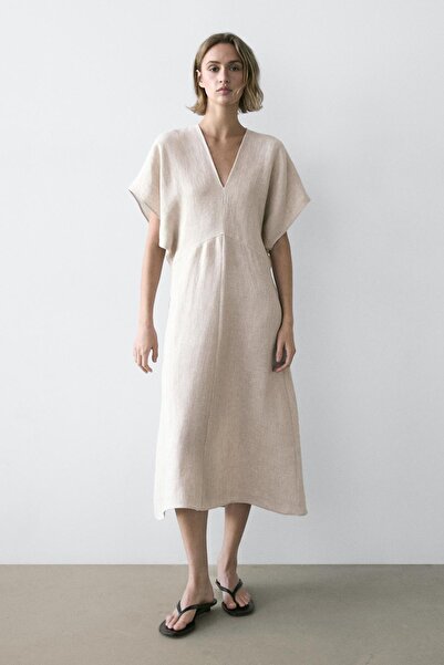 Massimo Dutti Hafif kısa kollu keten midi elbise