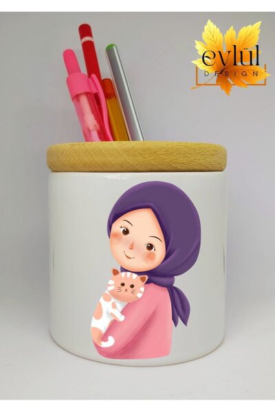 Eylül Design حامل قلم سيراميك مطبوع عليه صورة فتاة محجبة مع هدية عيد ميلاد بت...