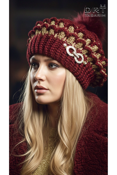 drt tasarım Women's Shiny Stone Brooch and Pompom Burgundy and Yellow Glitter...