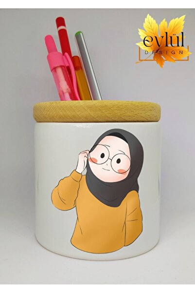 Eylül Design حامل قلم سيراميك مطبوع عليه صورة فتاة محجبة مع هدية عيد ميلاد بت...