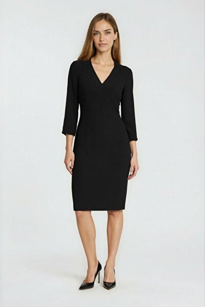 Spazio Siyah V Yaka Boncuk Taş İşlemeli Gizli Fermuarlı Midi Abiye Elbise