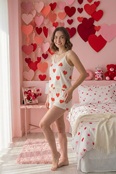 FİT WOMEN Red Heart Patterned Thread Straps Shorts Pajama Set 6109