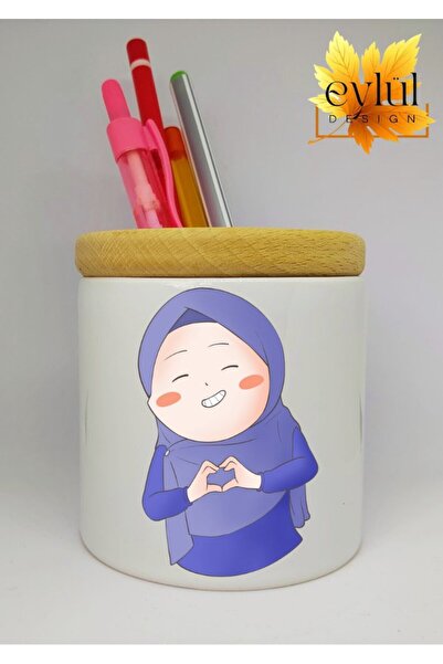 Eylül Design حامل قلم سيراميك مطبوع عليه صورة فتاة محجبة مع هدية عيد ميلاد بت...