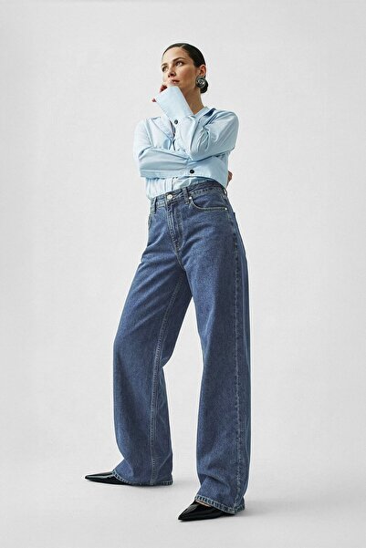Bluewhite Women's Blue High Waist Wide Leg Jean Trousers