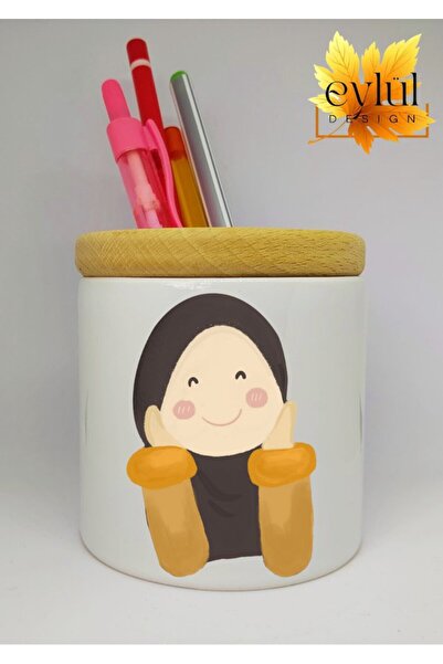 Eylül Design حامل قلم سيراميك مطبوع عليه صورة فتاة محجبة مع هدية عيد ميلاد بت...