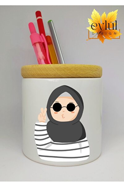 Eylül Design حامل قلم سيراميك مطبوع عليه صورة فتاة محجبة مع هدية عيد ميلاد بت...