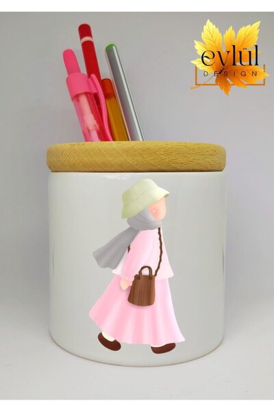Eylül Design حامل قلم سيراميك مطبوع عليه صورة فتاة محجبة مع هدية عيد ميلاد بت...