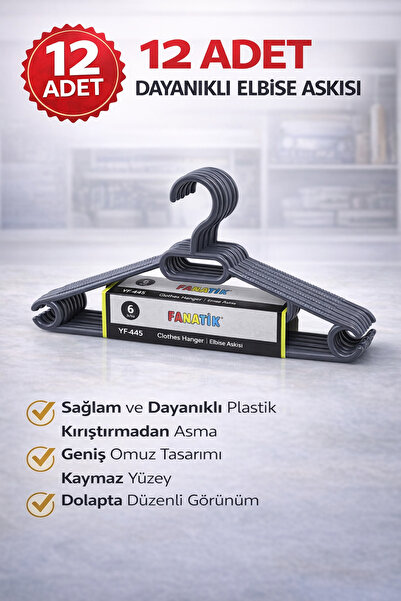 Fanatik Plastik Elbise Askısı Gömlek Tişört Kıyafet Askısı 12 Adet