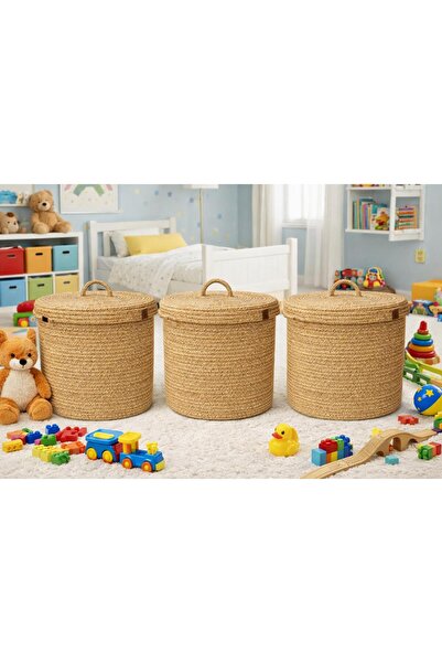 ModaCardin Καλάθι από ψάθινη γιούτα 3 τεμαχίων - Με καπάκι και οργανωτή, Καλά...