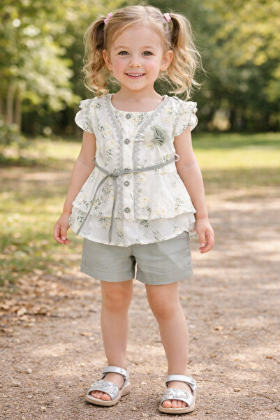 Minora Devojčin set majica i kratkih hlača Cvetni dezen kaki boje