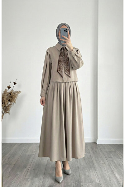 BENAHOLL Aybike Eteği Piliseli Gömleği Fularlı Takım-ŞA1158 Taş