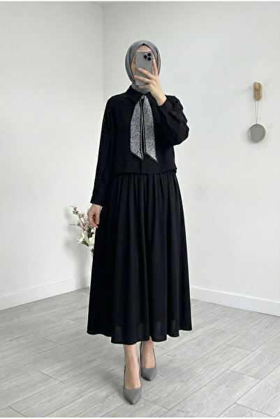 BENAHOLL Aybike Eteği Piliseli Gömleği Fularlı Takım-ŞA1158 Siyah