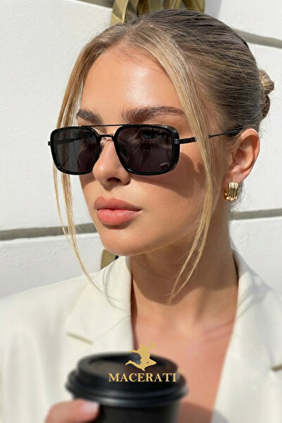 MACERATİ Gaza Unisex Black Rectangular Metal Uv400 Sunglasses