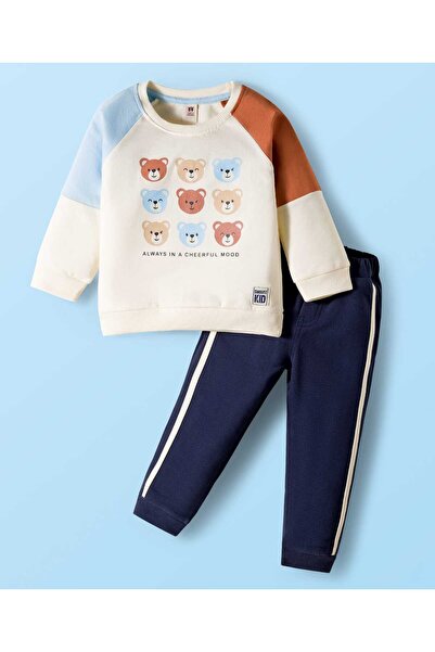 ToffyHouse Knit Full Sleeves T-Shirt & Joggers Set with Teddy Print - Navy Bl...