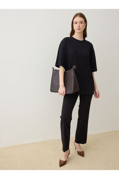 Refka Crew Neck Off Shoulder Basic Women's T-Shirt - Black - Refka