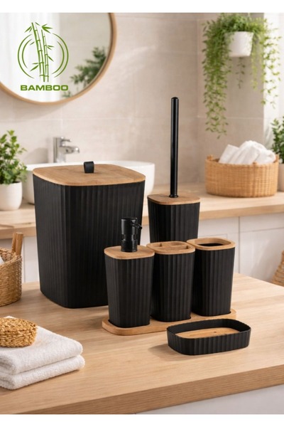 Store HGY Home Safir Real Bamboo Detailed Adhesive 6 τεμαχίων Μαύρο Σετ Μπάνιου