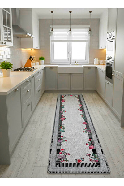 Brillant Çiçek Desenli Açık Gri Renk Lateks Deri Taban Mutfak Halısı