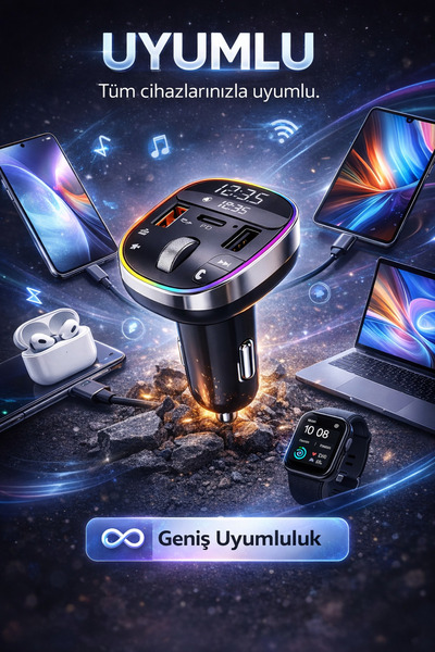 Universal 45W PD Hızlı Şarjlı Bluetooth FM Transmitter – Çift USB + Type-C Ar...