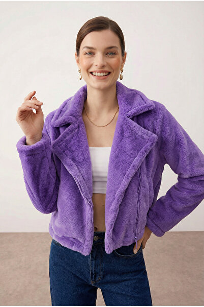 Purpleclo Kadın Fermuarlı Peluş Yakalı Crop Ceket Hırka