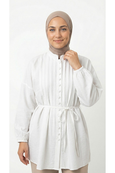 MİHRA STORE Öykü Nervürlü Düğmeli Tunik-ZN2019 Beyaz