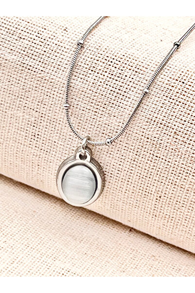 Siya Silver Oval Beyaz Sedefli Yılan Zincirli Kararmaz Çelik Kolye