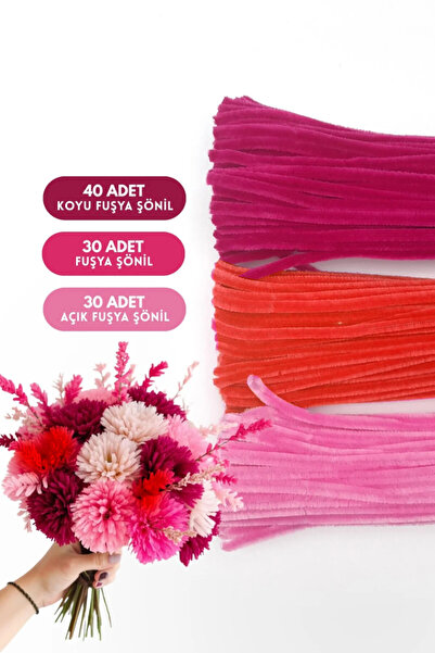 Bimotif 100lü tüylü tel şönil, 30 cm (40 adet Koyu Fuşya, 30 adet Nar, 30 ade...