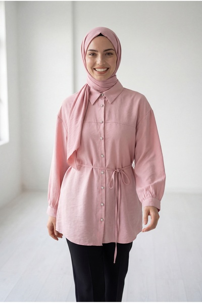 MİHRA STORE Πουκάμισο με λαμπερό ρόμπαλο και διακοσμημένο μανίκι - ZN2094 Ροζ